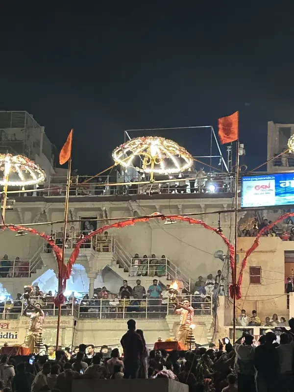 Priests performing the evening Ganga Aarti under lit umbrellas at Dashashwamedh Ghat, Varanasi