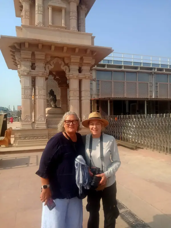 House of Ullassa guests at a carved stone pavilion in the Shri Ram Janmabhoomi Mandir complex, Ayodhya