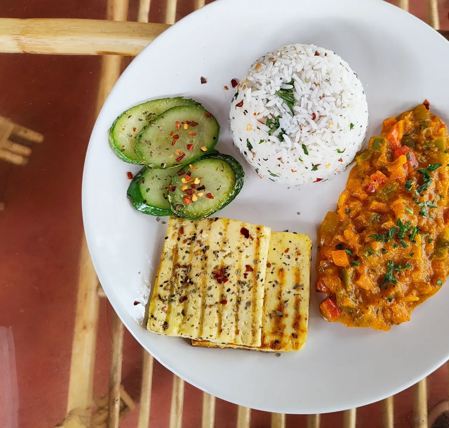 Herb rice with grilled cottage cheese and Mexican salsa, a pure veg meal in Chapora, North Goa