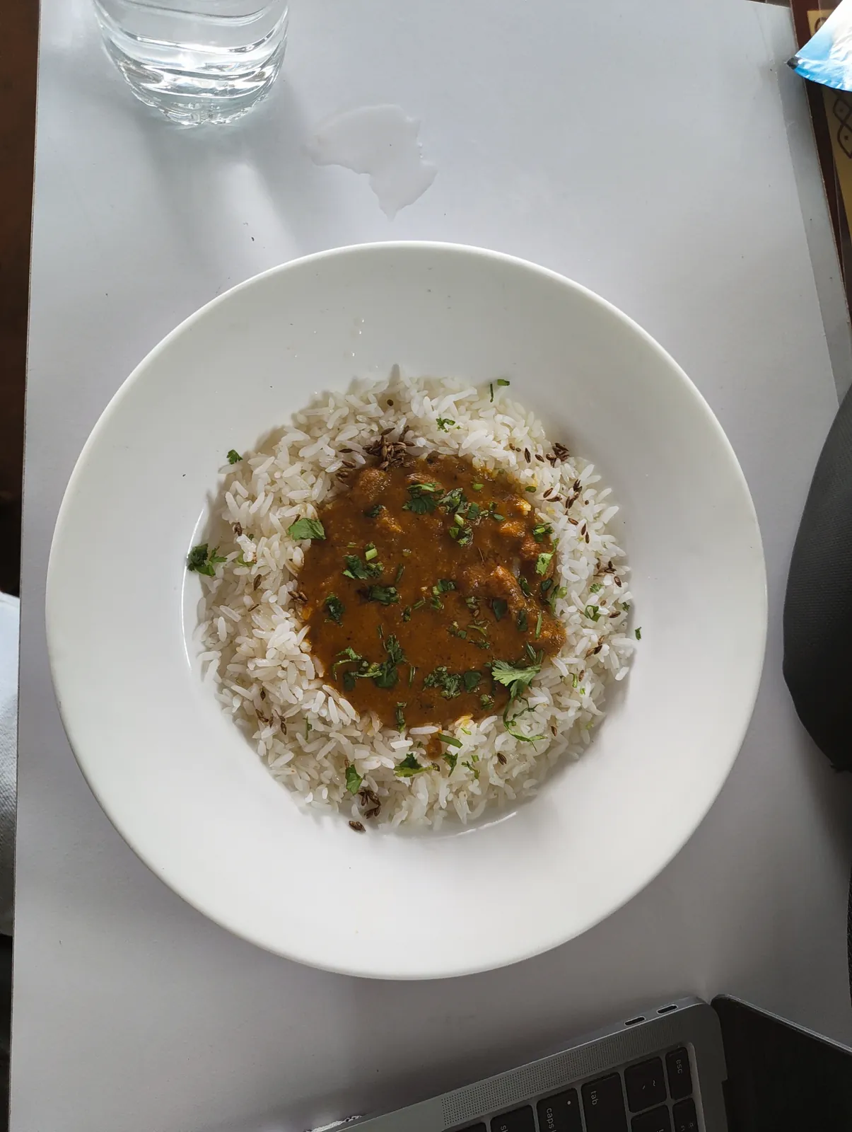Rice and curry next to a laptop, working and eating at a pure veg cafe in North Goa