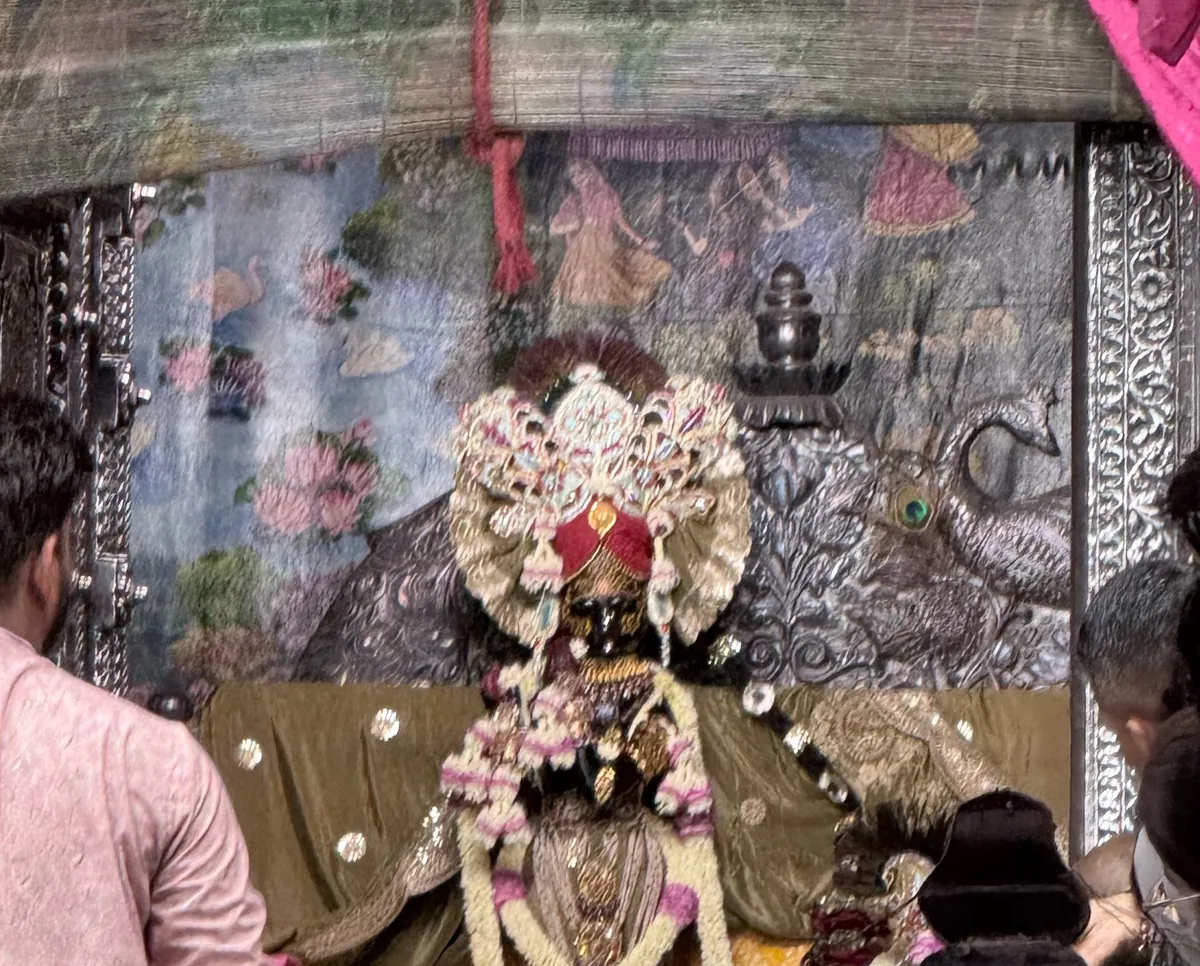 Shri Ji darshan at Sri Radha Vallabh Temple, Vrindavan, with the shrine adorned in a green and gold poshak, jewelled crown and garlands beneath a pink canopy