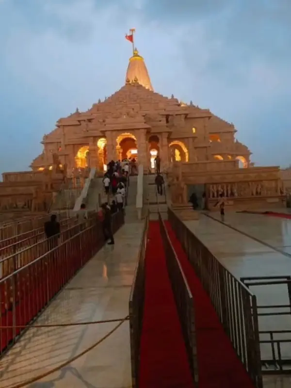 Entrance walkway leading to Shri Ram Janmabhoomi Mandir in Ayodhya at dusk